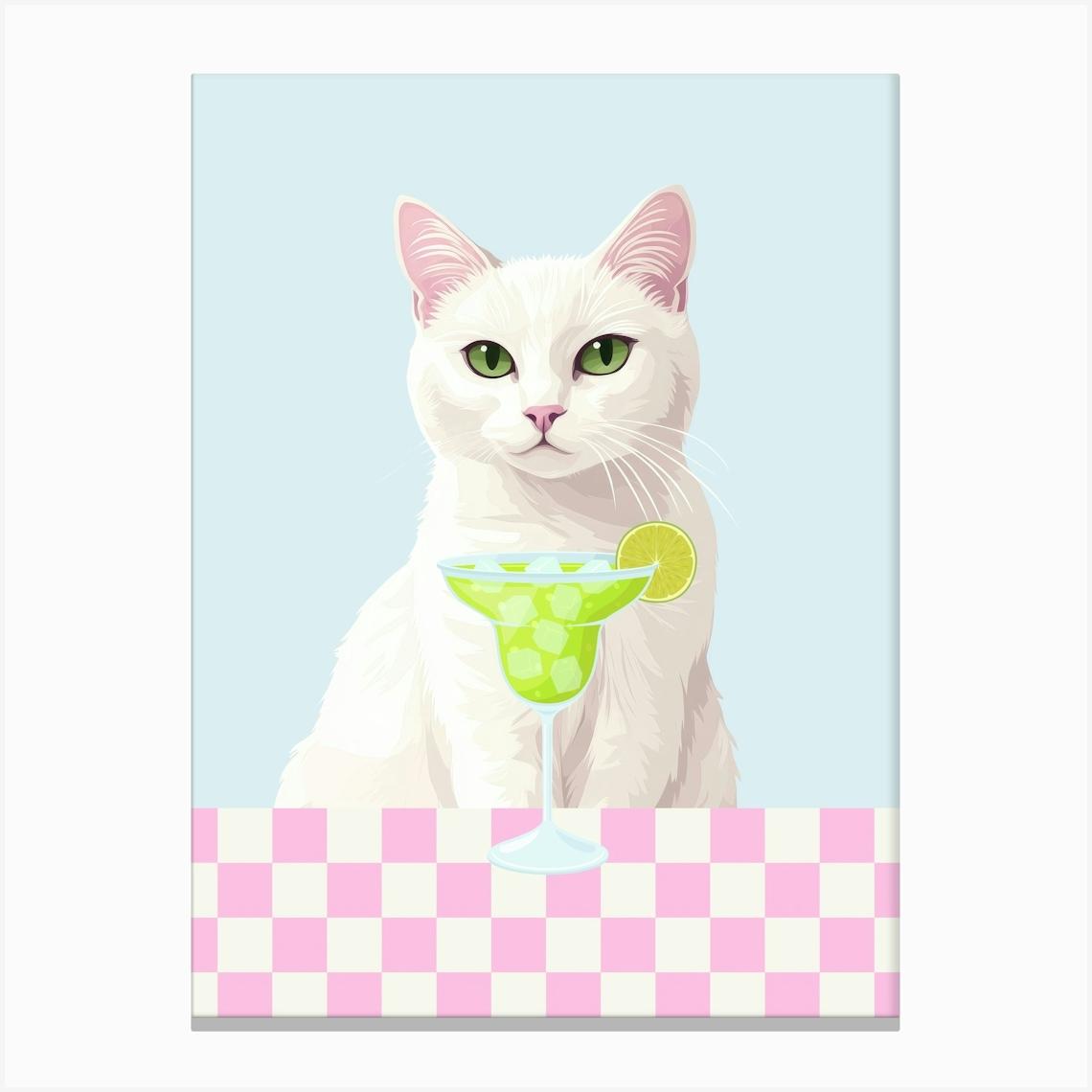 white cat with margharita cocktail art in a girly aesthetic, pink and green trendy wall art perfect for kitchens, bar carts, coffee bars and living