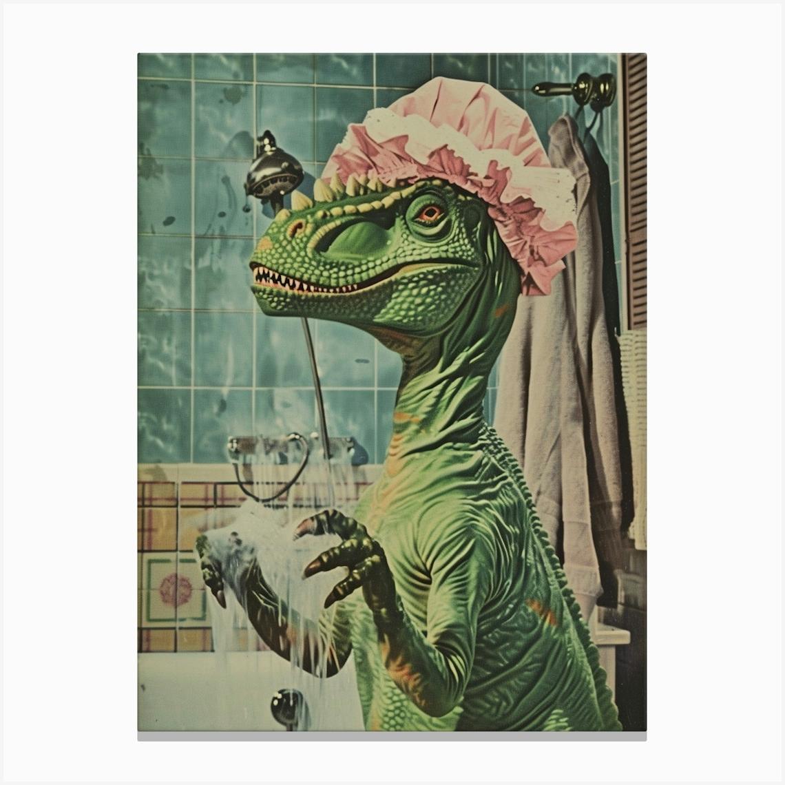 Dinosaur In The Shower With A Shower Cap Retro Collage 1 Canvas Print by Dino Delights