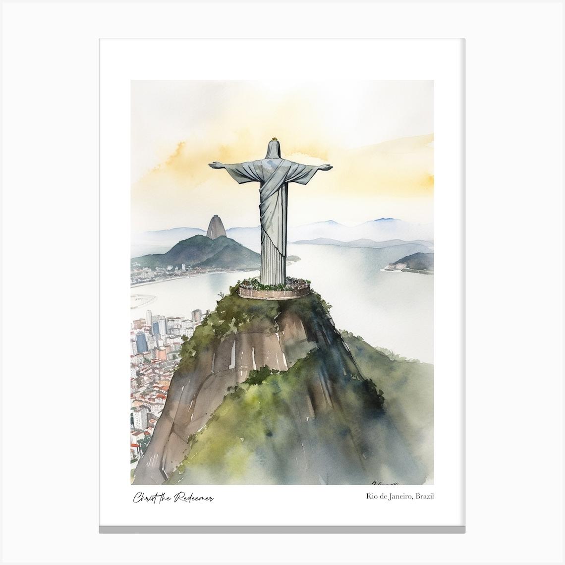 Christ The Redeemer, Rio De Janeiro, Brazil 3 Watercolour Travel Poster Canvas Print by Fusion Designs