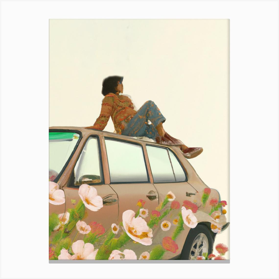 Woman Sitting On Brown Car Roof With Flowers Canvas Print by Mambo