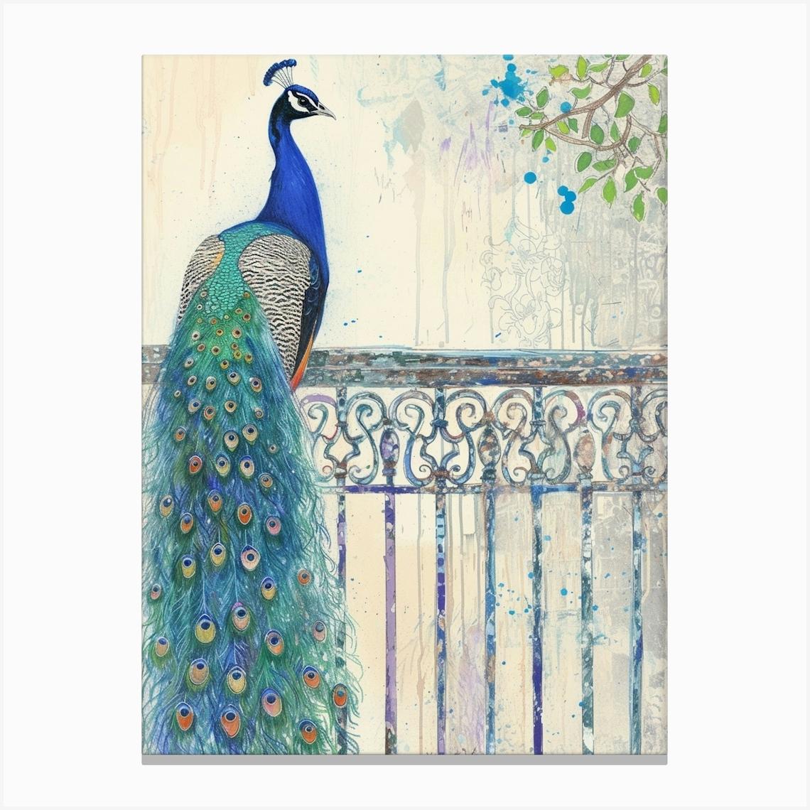 Peacock On French Metal Railing 2 Canvas Print by Featherline