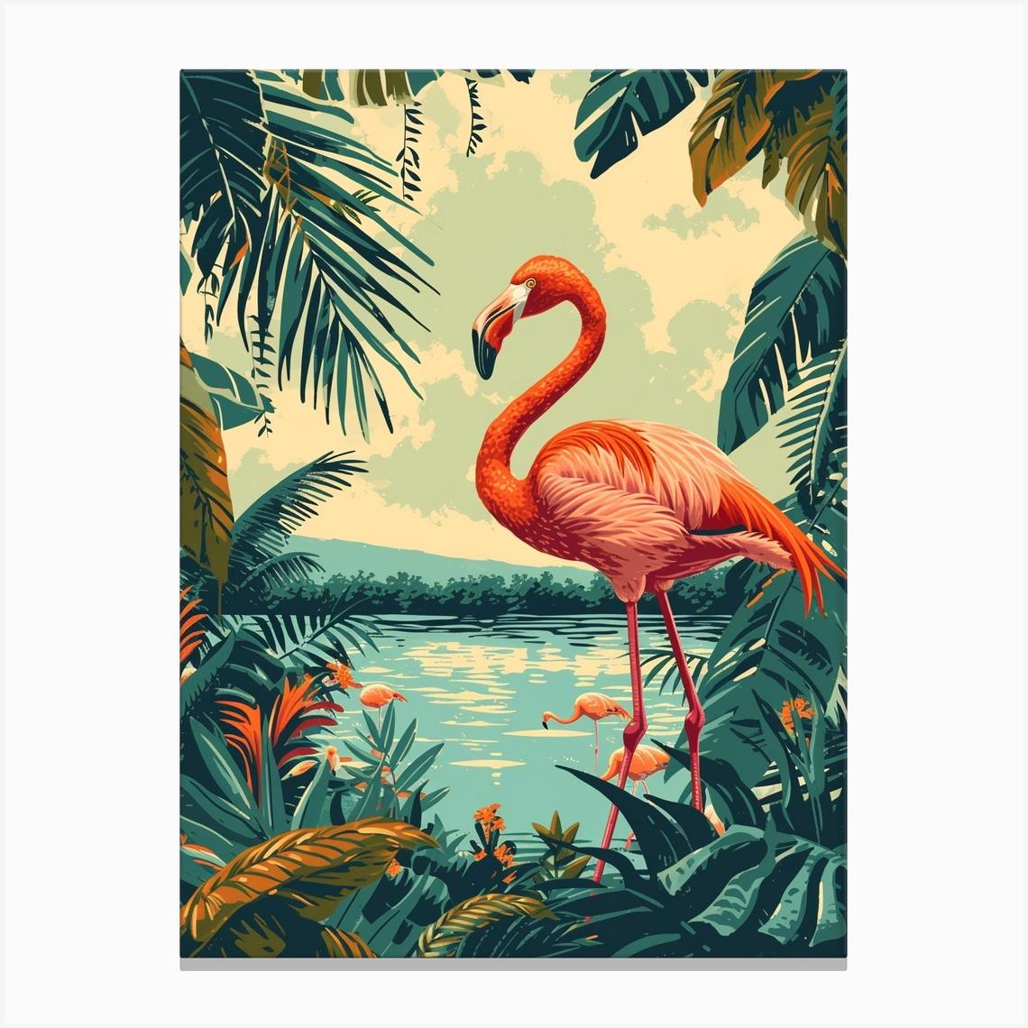 Greater Flamingo Las Coloradas Mexico Tropical Illustration 4 Canvas Print by Flamingo Flair
