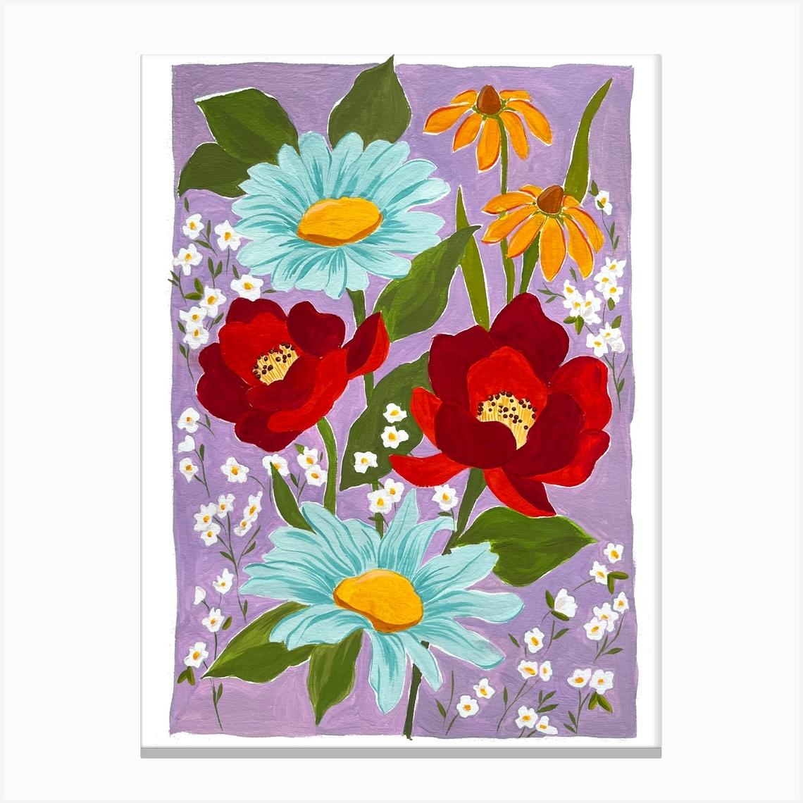 Flowers On A Purple Background Canvas Print by Lourdes Bruzzoni