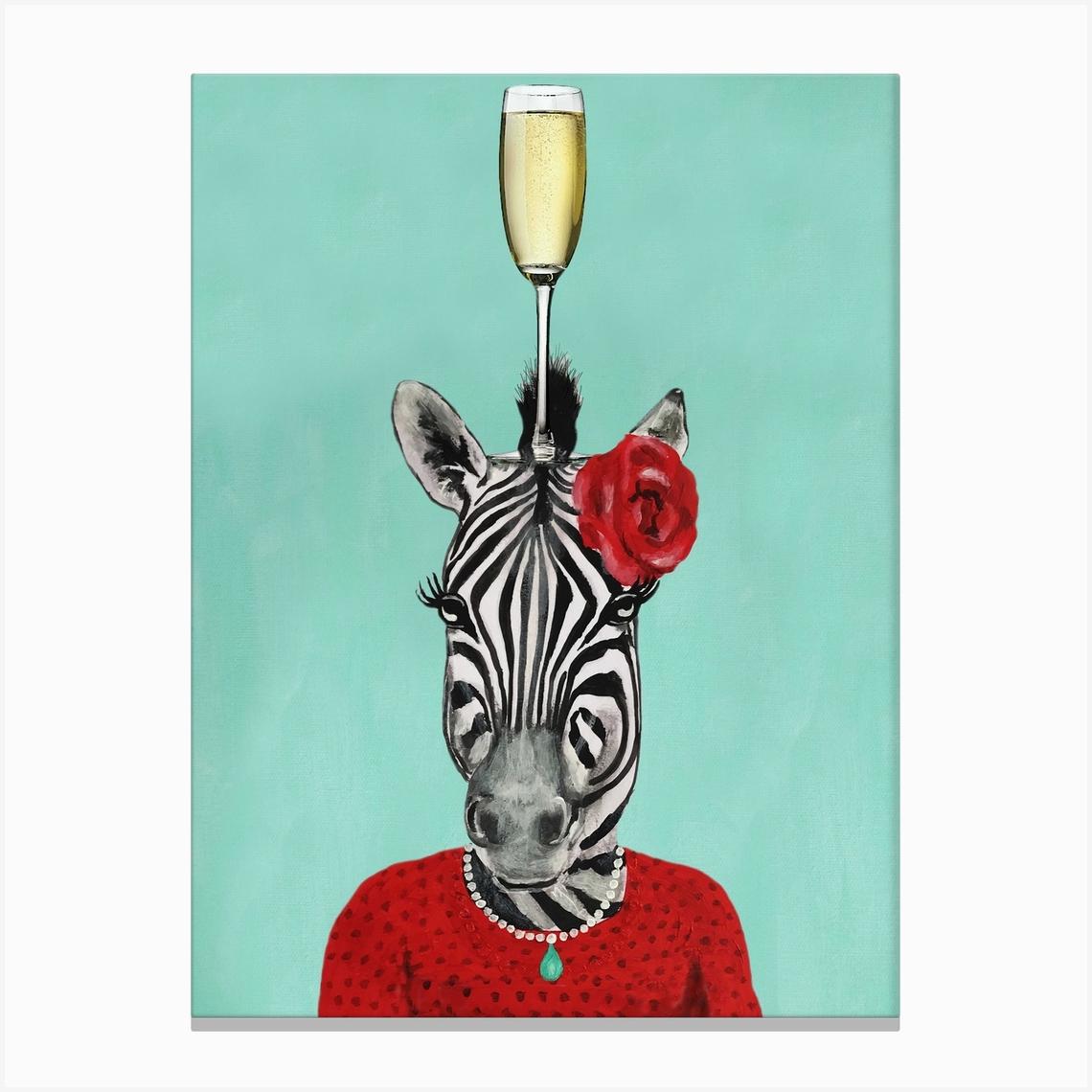 Zebra With Champagne Glass Green & Red Canvas Print by Coco Deparis