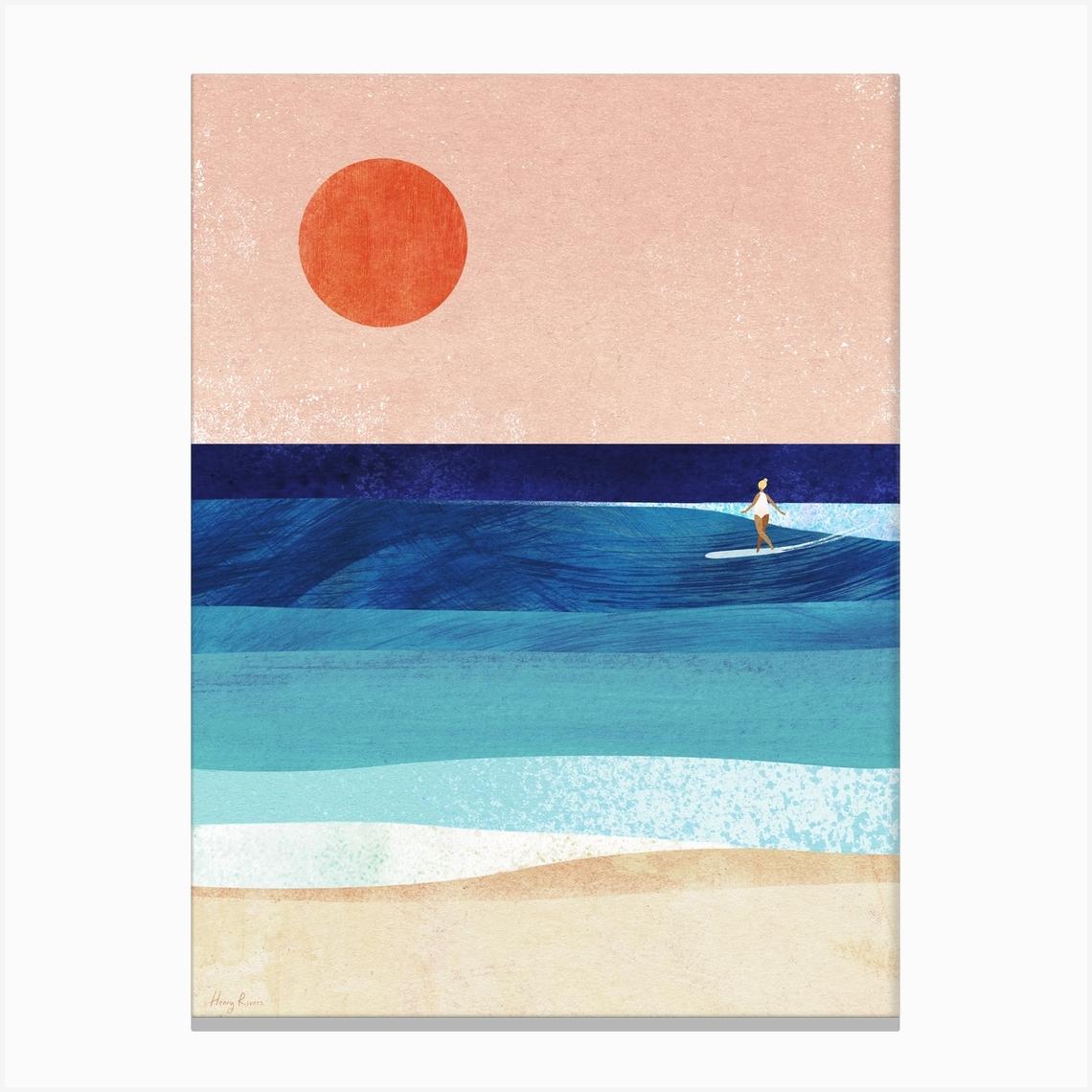 Sunset Surf Girl, Modern Beach Geometric Travel Poster Canvas Print by Travel Poster Co.