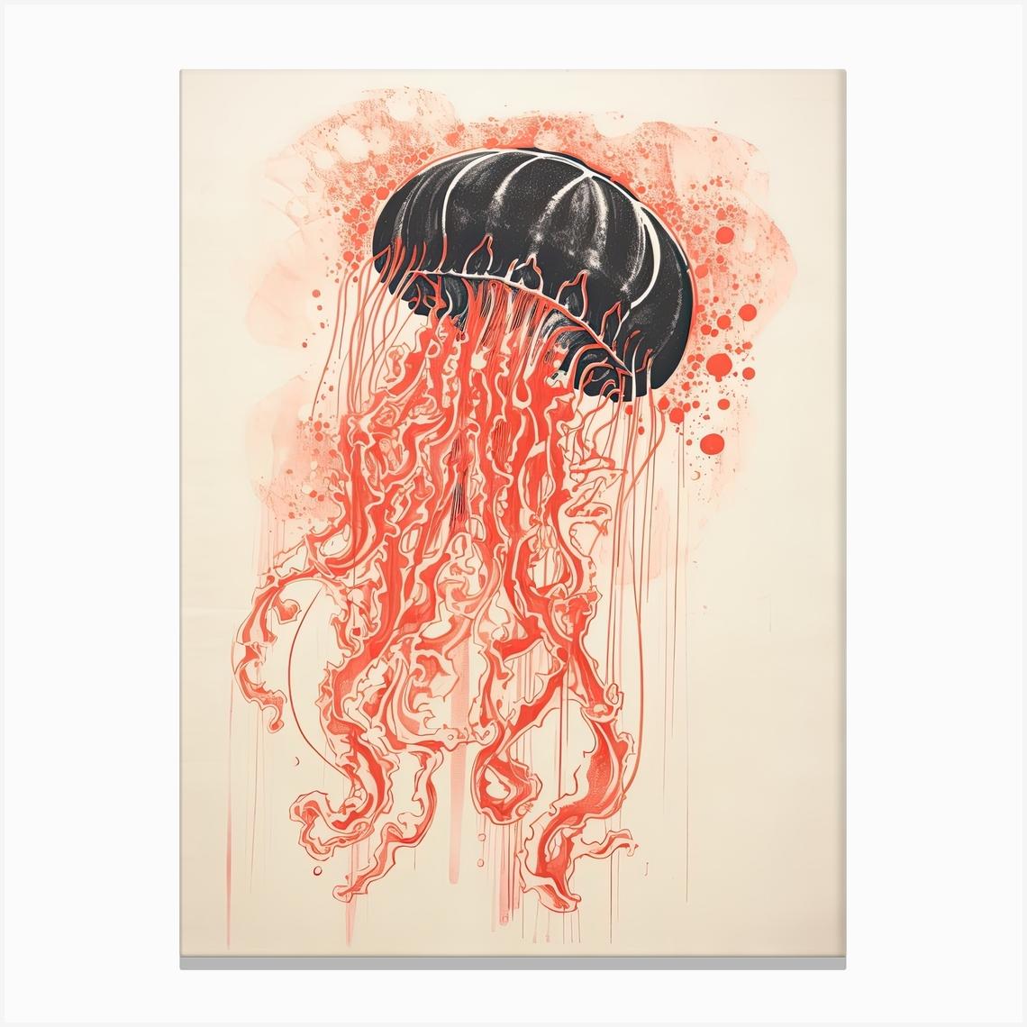 Jellyfish, Woodblock Animal Drawing 2 Canvas Print by Sakura Animal Creations