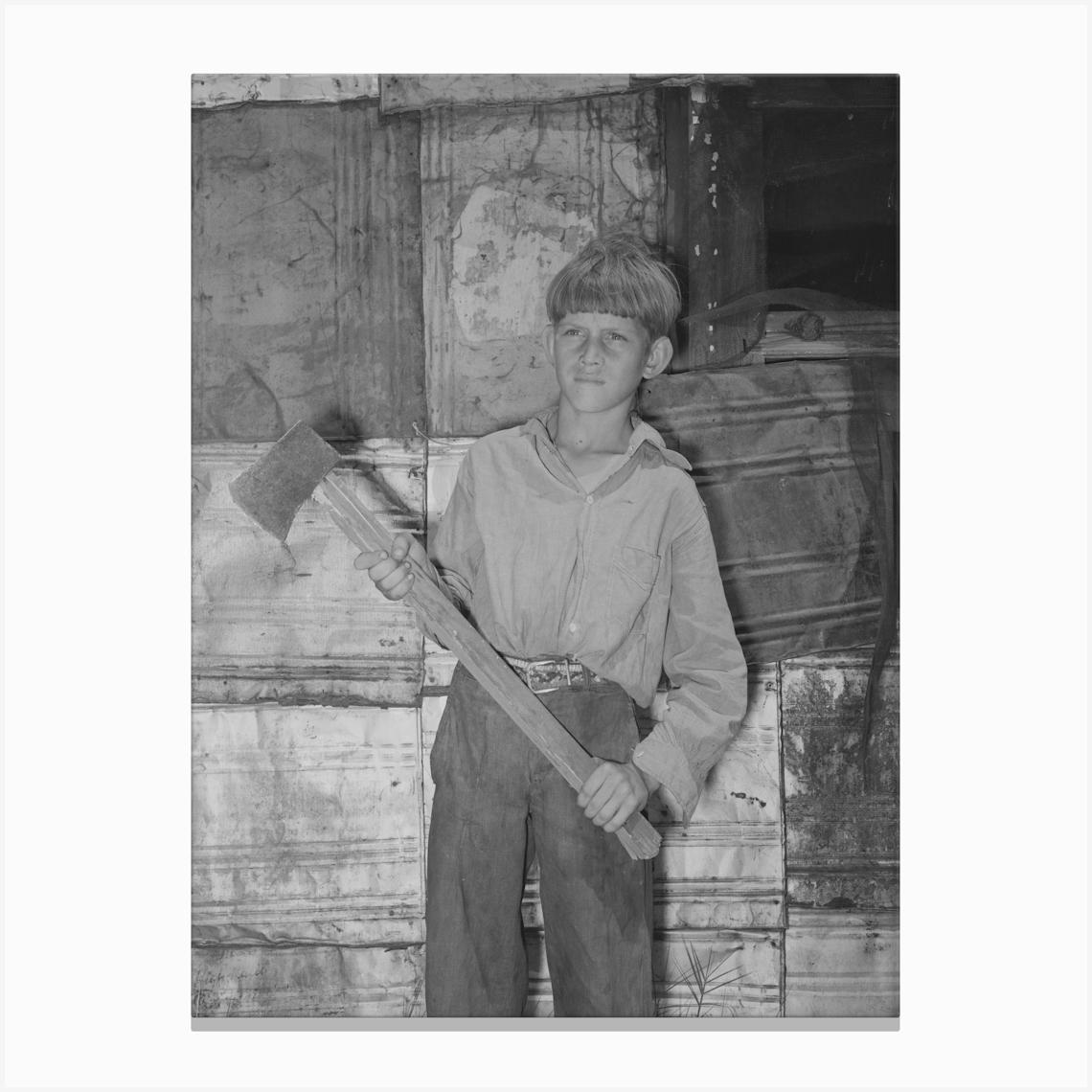 Boy Living In Mays Avenue Camp With Homemade Ax, Oklahoma City, Oklahoma, Refer To General Caption Canvas Print by Fy! Classic Art Prints and Posters