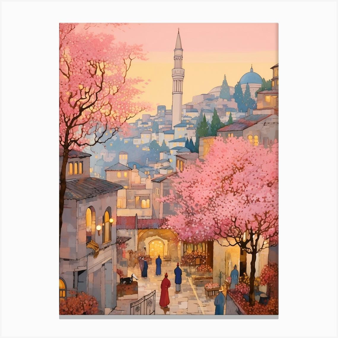 Istanbul Turkey 8 Vintage Pink Travel Illustration Canvas Print by MedArt