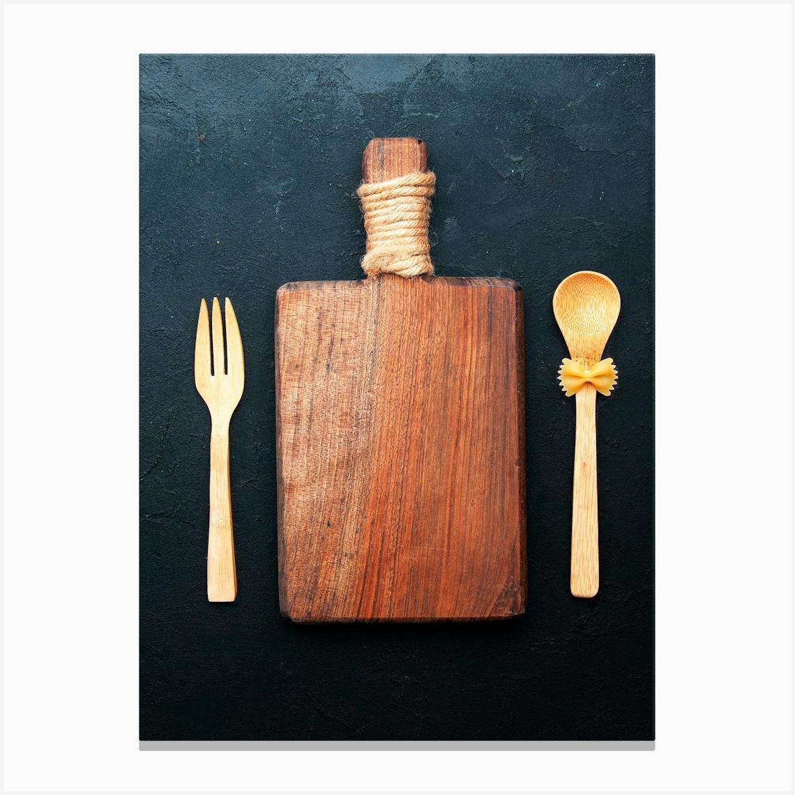 Chopping board & wooden spoon — Food kitchen poster/blackboard, photo art Canvas Print by Synthwave1950