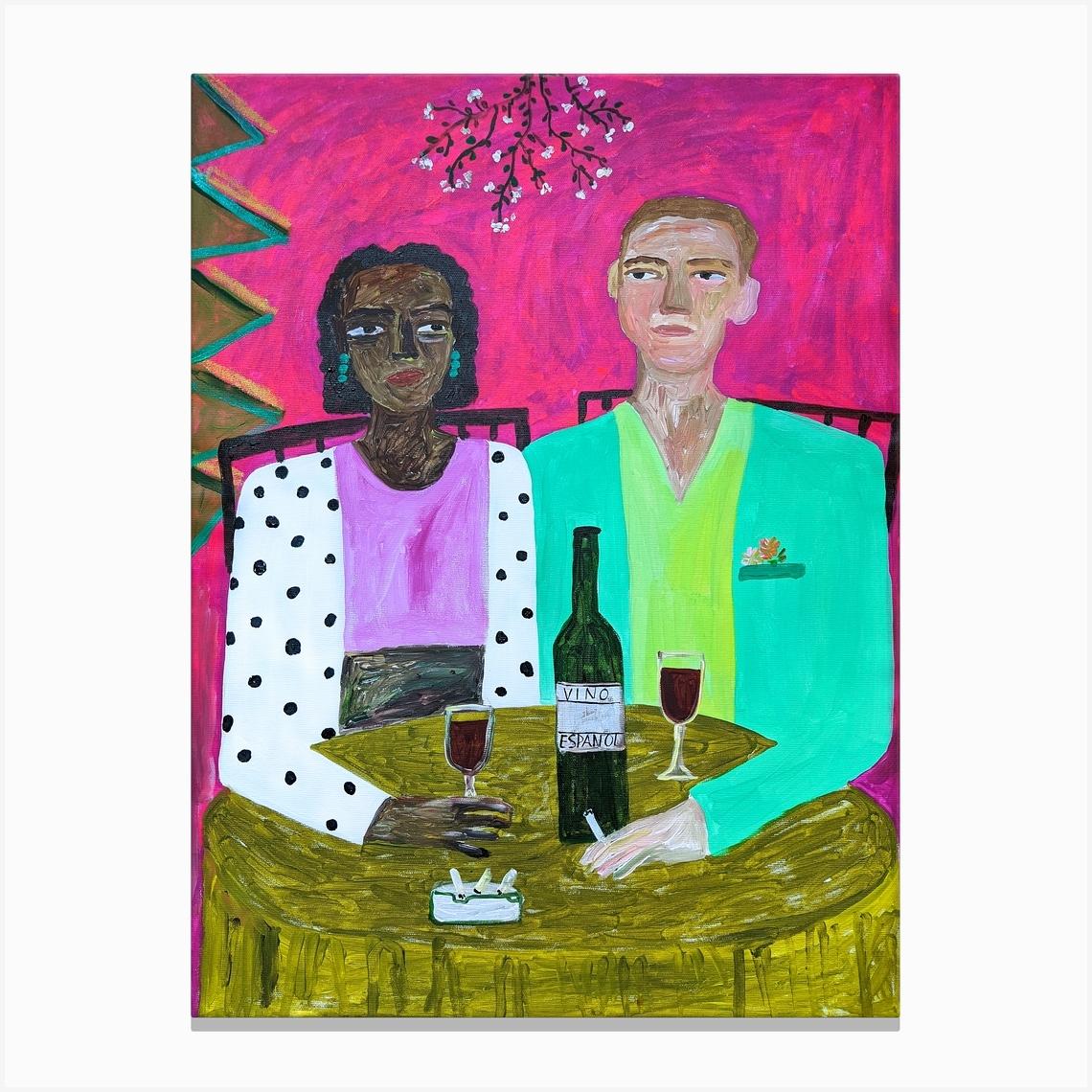 A couple of people at a table in a cafe drinking wine Canvas Print by Valza