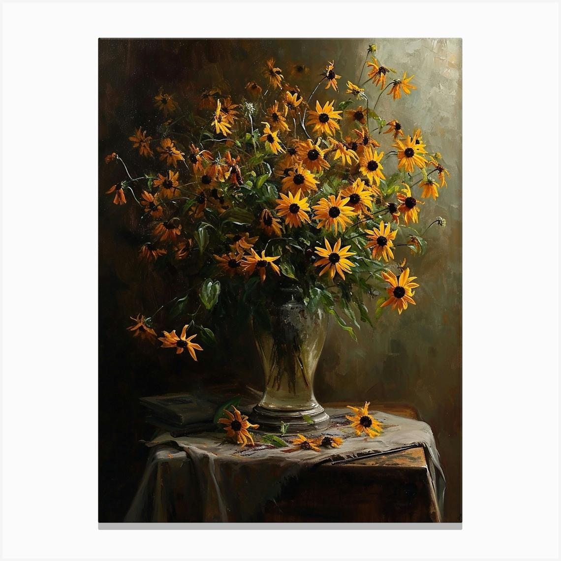 Baroque Floral Still Life Black Eyed Susan 1 Canvas Print by Botanic Studio