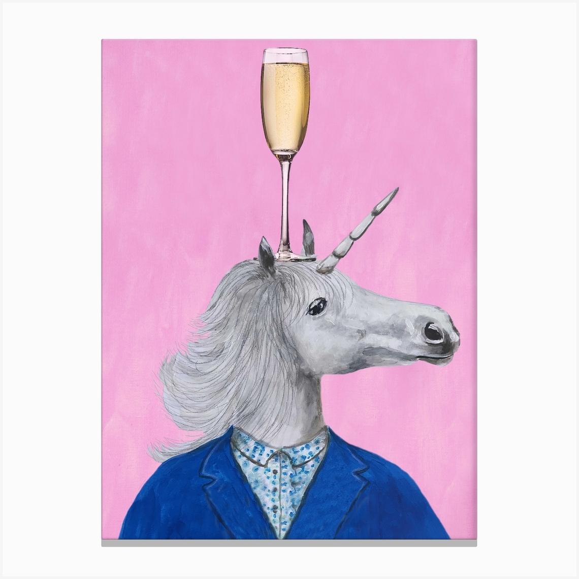 Unicorn With Champagne Glass Pink & Blue Canvas Print by Coco Deparis