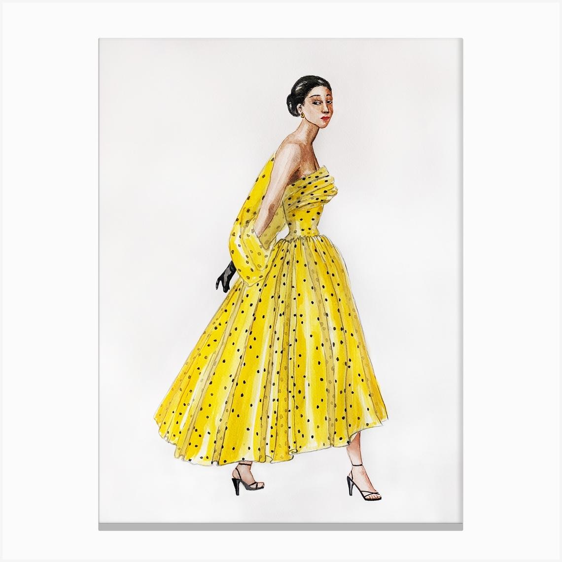 Watercolor illustration of a woman in a vintage yellow polka dot dress Canvas Print by Valza