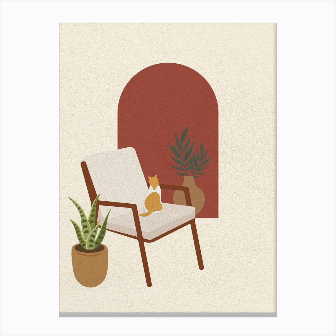 Minimal art Cat Sitting In A Chair looking a window Canvas Print by RAPart