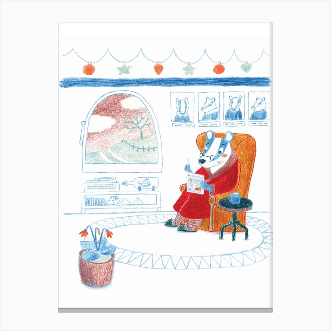 Badger In Armchair Reading Christmas Holiday Decorations Winter Canvas Print by Romica Jones