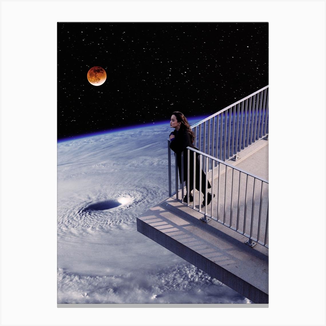 Woman Standing On Balcony Overlooking Earth Vortex Canvas Print by Arizrab