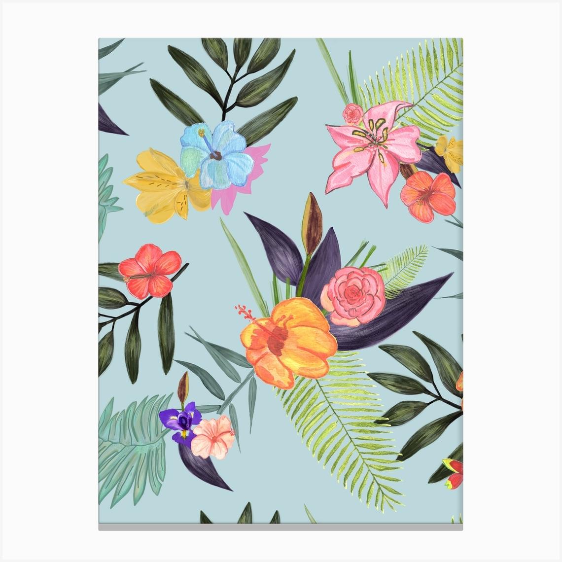 Tropical Brush Watercolor Exotic Flowers Pattern Canvas Print by Gulsen Gunel