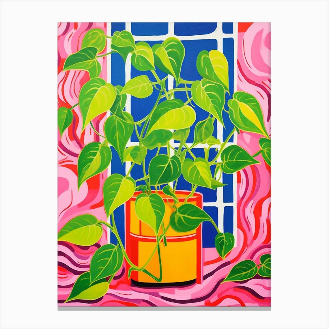 Pink And Red Plant Illustration Golden Pothos 3 Canvas Print by Botanic Studio