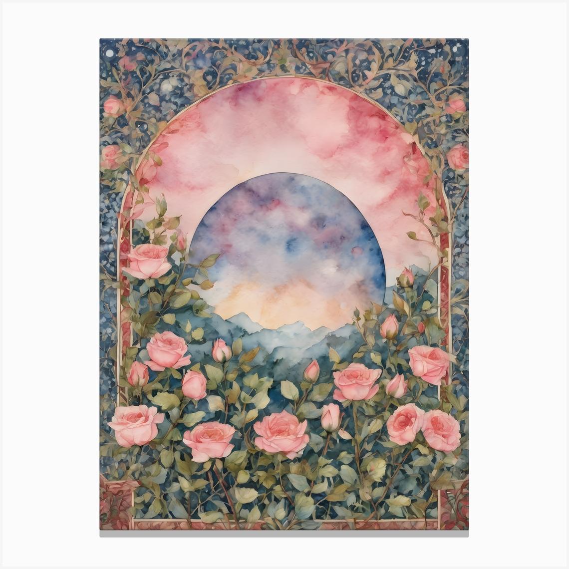 Blue Moon Amongst Pink Roses ~ Art Nouveau Tarot Double Moon Vines Room Wall Home Decor ~ Witchy Pagan Beautiful Pink Full Moon ~ Bohemian Watercolour