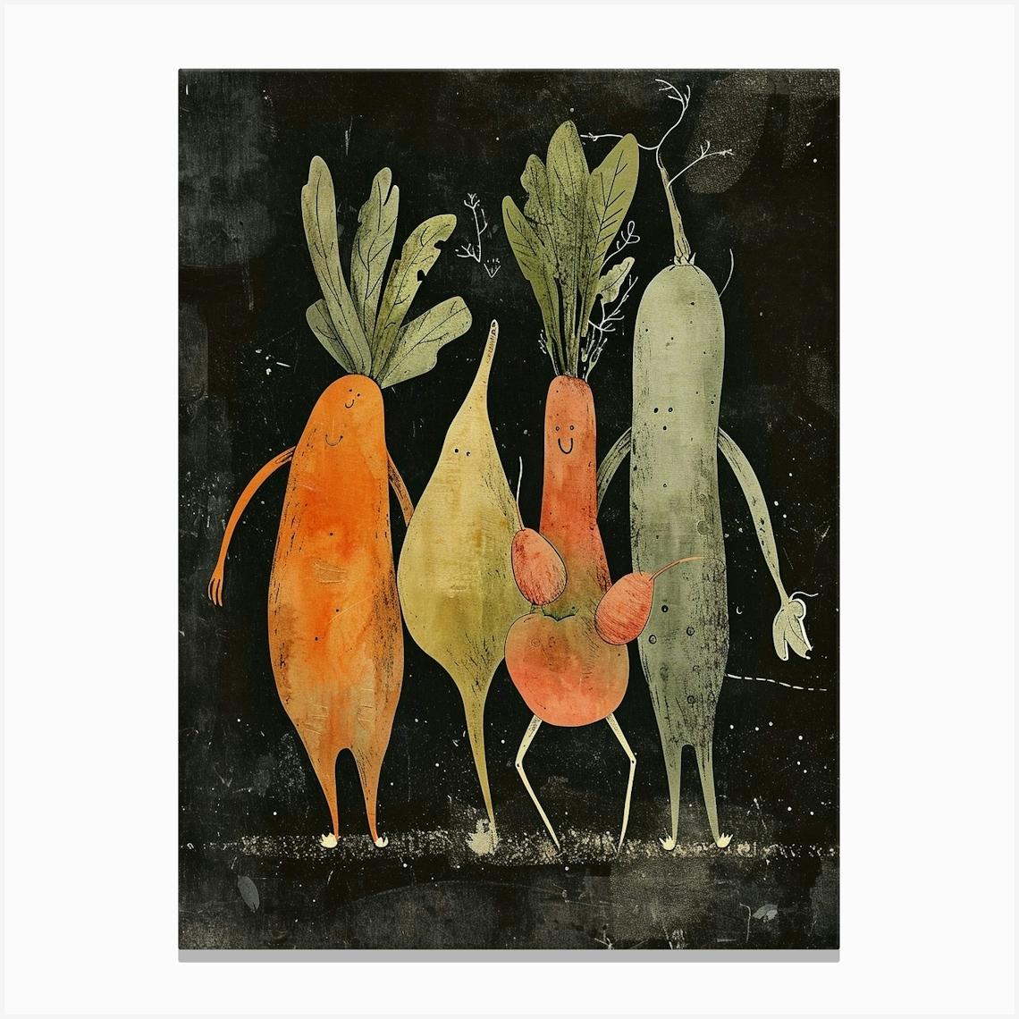 Sweet Vegetables With Faces Watercolour Illustration Lienzo