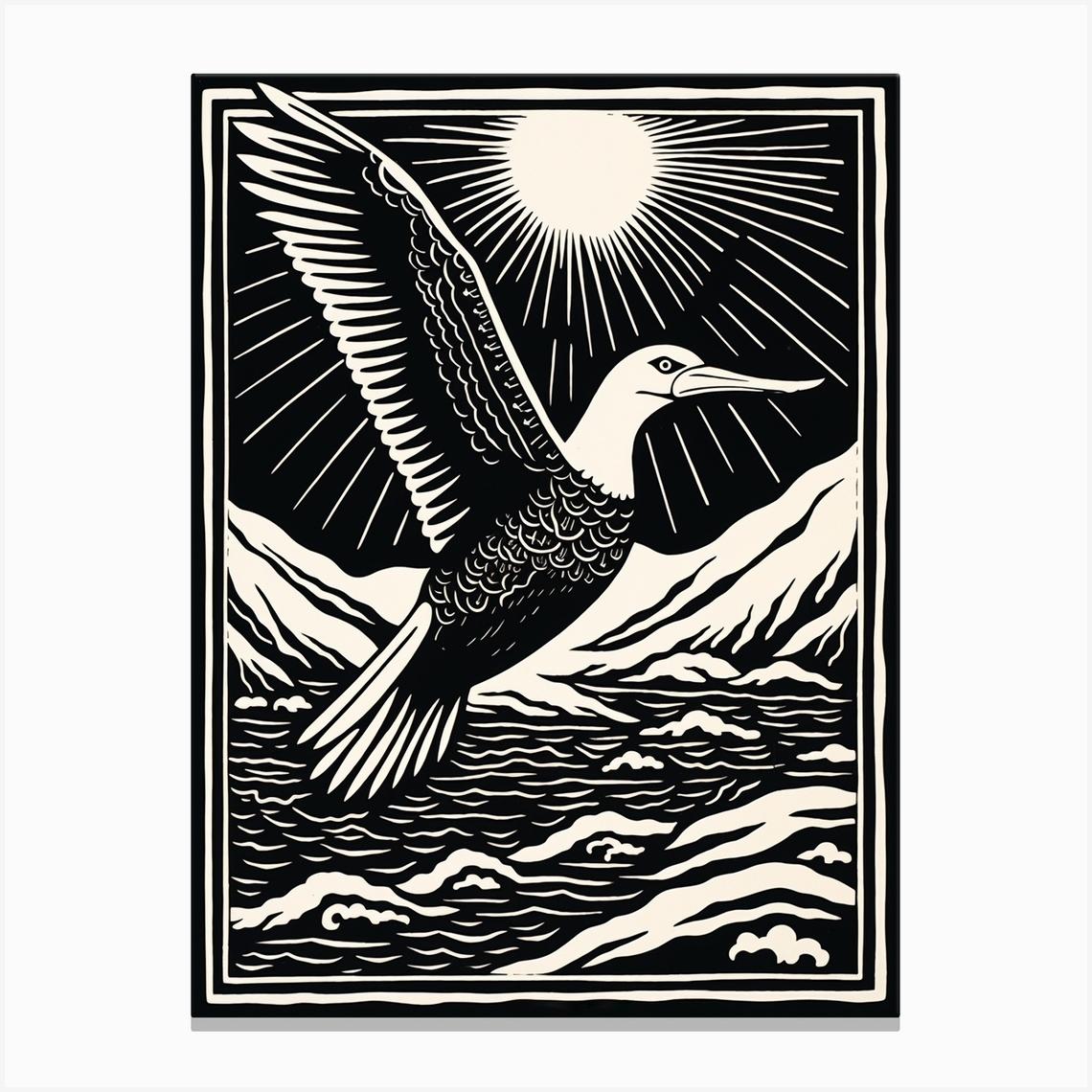 B&W Bird Linocut Albatross 3 Canvas Print by Feathered Muse
