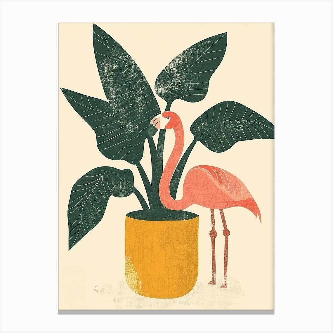 Jamess Flamingo And Banana Plants Minimalist Illustration 3 Canvas Print by Flamingo Flair
