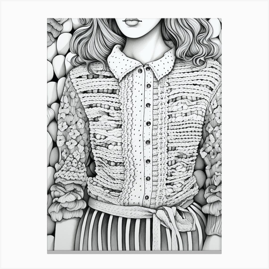 Crochet Cardigan Black And White Illustration Canvas Print by Crafty Crochet Studio