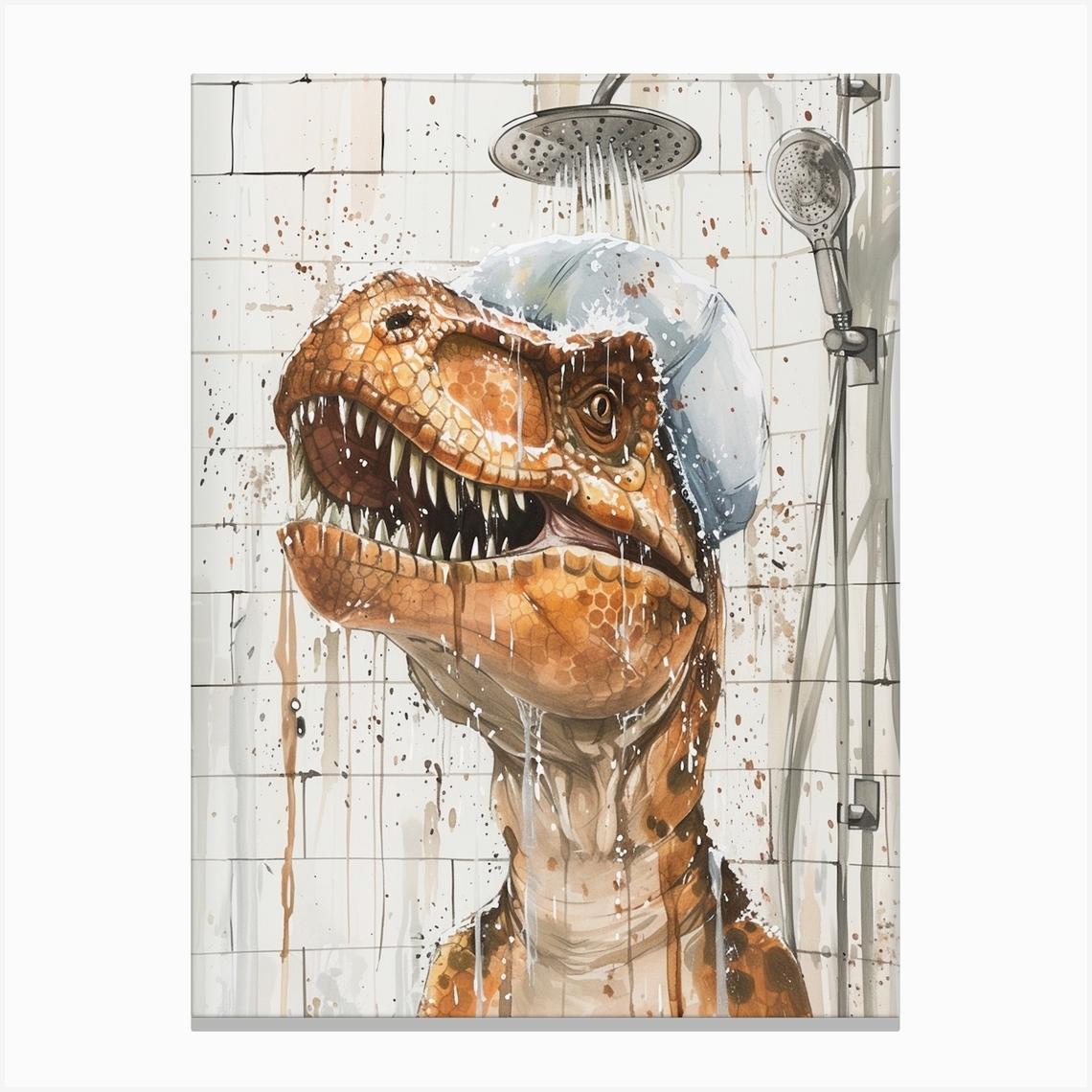 Dinosaur Taking A Shower In A Shower Cap Dripping Paint Canvas Print by Dino Delights