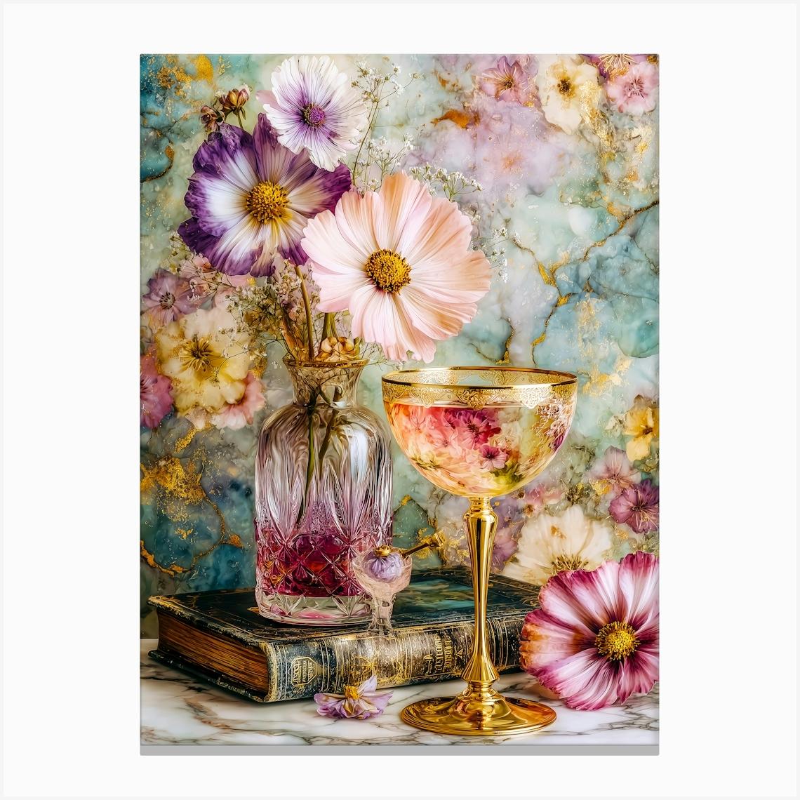 Flowers And A Glass Of Champagne Canvas Print by JBJart Justyna Jaszke