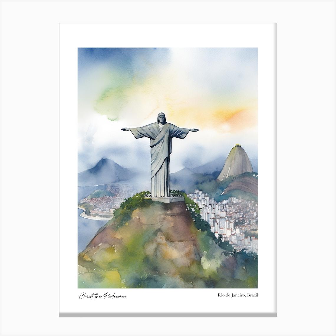 Christ The Redeemer, Rio De Janeiro, Brazil 4 Watercolour Travel Poster Canvas Print by Fusion Designs