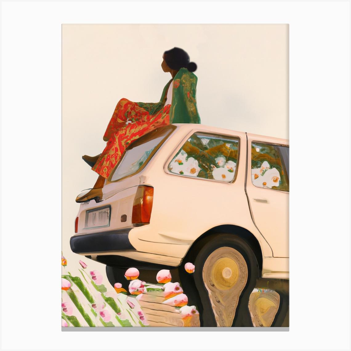 Girl Sitting On Car Roof With Flowers Canvas Print by Mambo