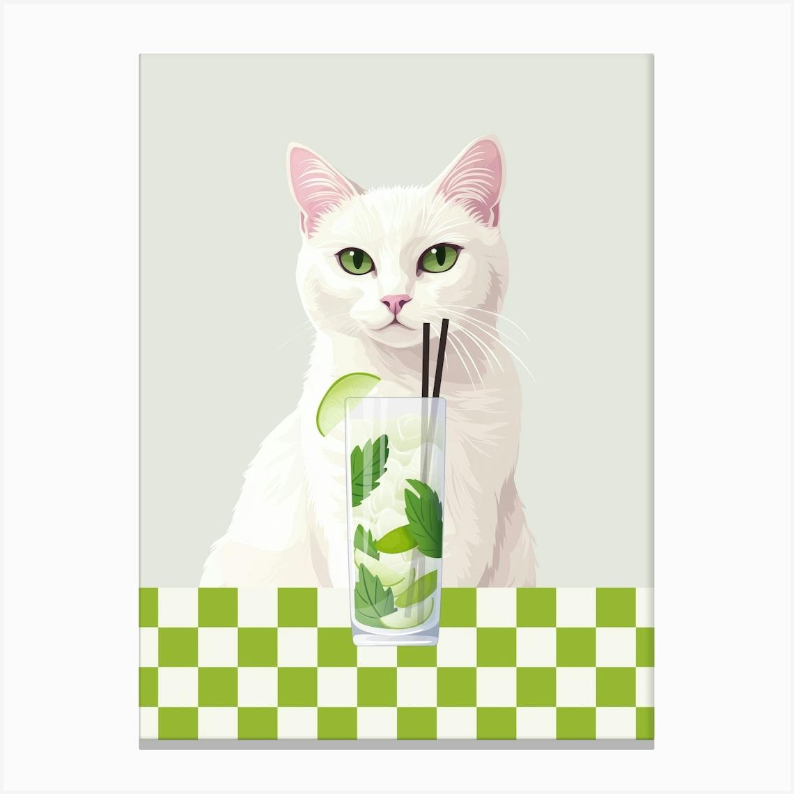white cat with mojito cocktail art in a girly aesthetic, trendy wall art in green perfect for kitchens, bar carts, coffee bars and living rooms, 50s