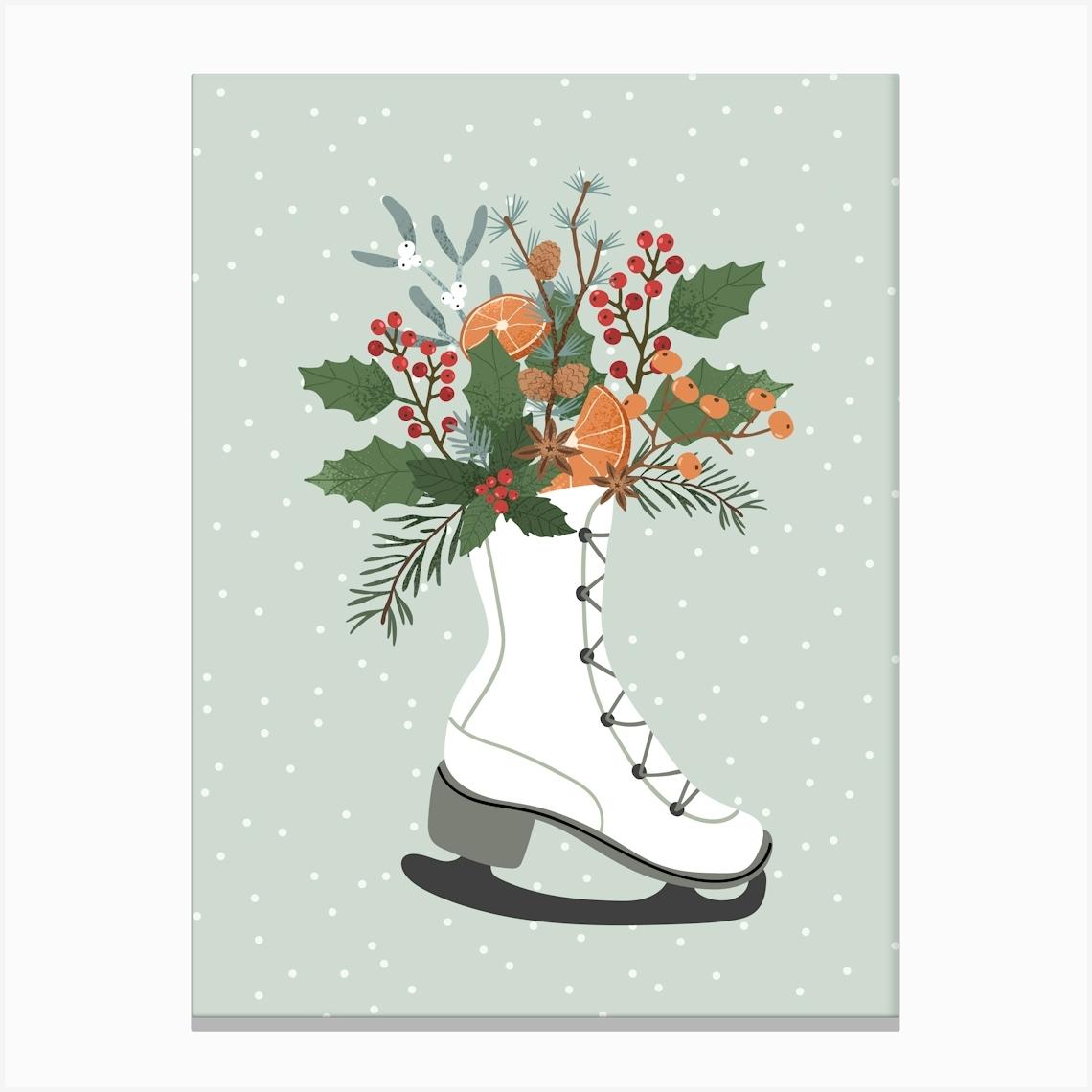 Grey Ice Skates And Flowers Winter Canvas Print by Melon Daisy Art